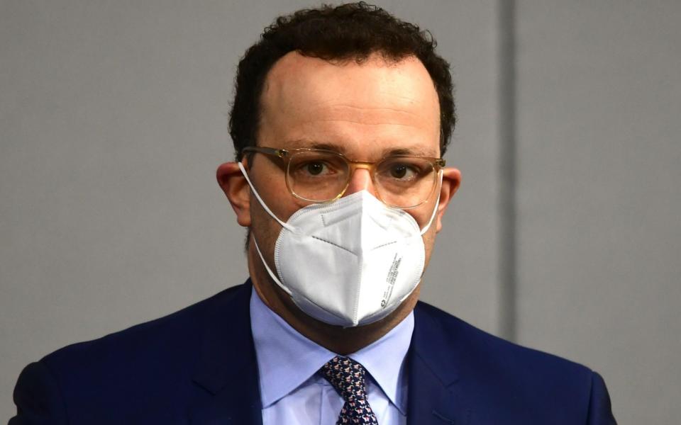 Mandatory Credit: Photo by CLEMENS BILAN/EPA-EFE/Shutterstock (11729283a) German Health Minister Jens Spahn looks on during a session of the German parliament Bundestag on a government declaration on the annual economic report 2021 in Berlin, Germany, 28 January 2021. German Bundestag session, Berlin, Germany - 28 Jan 2021 - CLEMENS BILAN/EPA-EFE/Shutterstock