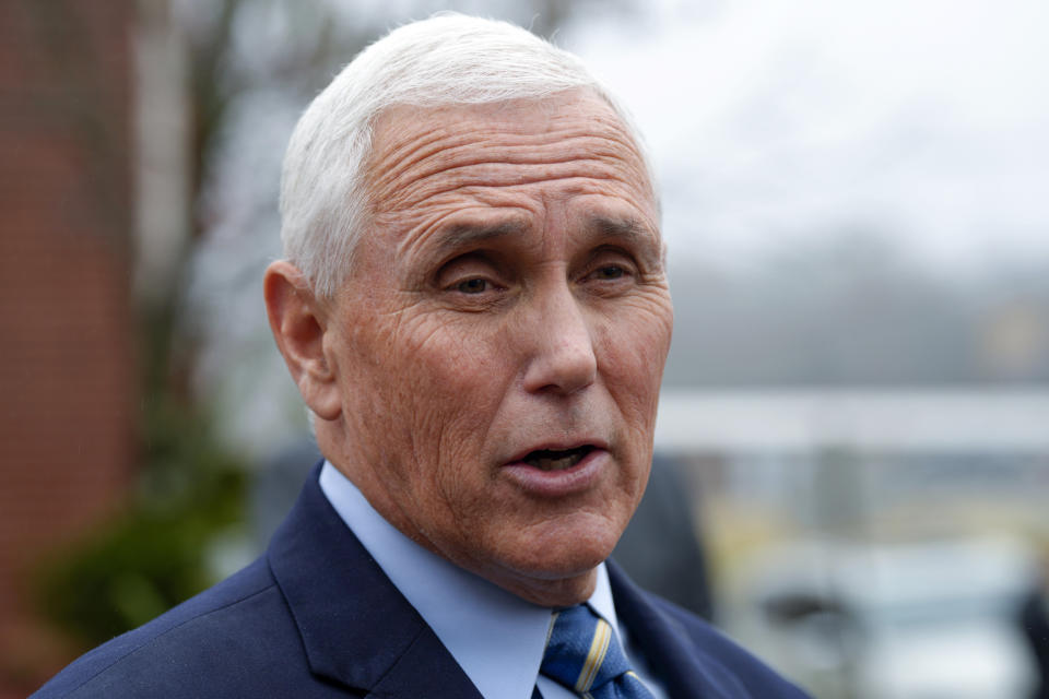 FILE - Former Vice President Mike Pence speaks with reporters, Dec. 6, 2022, at Garden Sanctuary Church of God in Rock Hill, S.C. Documents with classified markings were discovered in former Vice President Pence's Indiana home last week, according to his attorney. (AP Photo/Meg Kinnard, File)