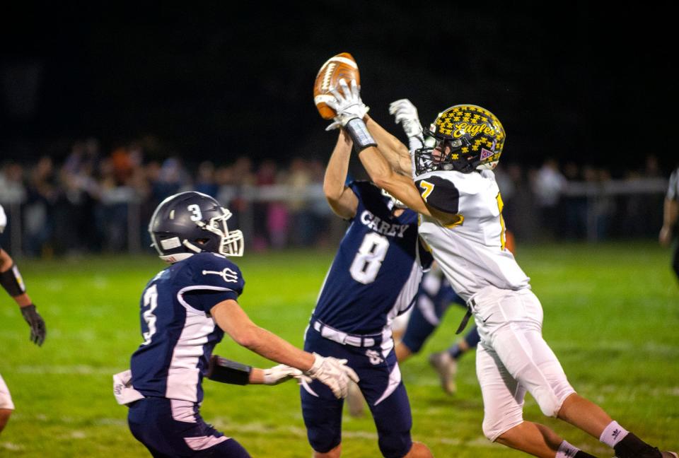 Colonel Crawford's Lucas Foy interrupts a pass intended for Carey's Douglas Pinkerton.