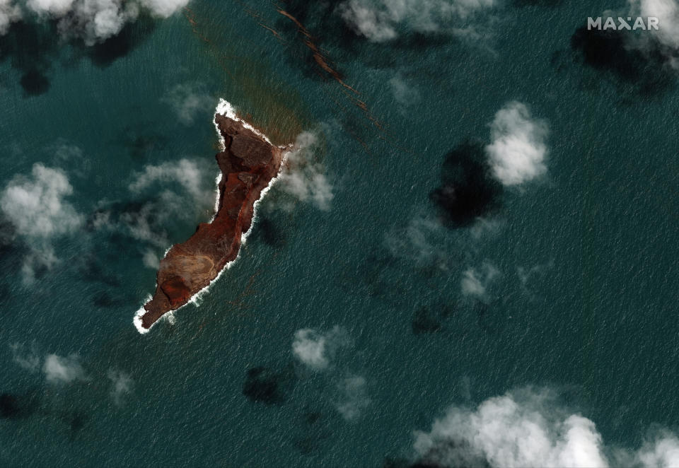 This satellite image provided by Maxar Technologies shows a view of Hunga Tonga Hunga Ha’apai volcano in Tonga Tuesday, Jan. 18, 2022 after a huge undersea volcanic eruption. (Satellite image ©2022 Maxar Technologies via AP)