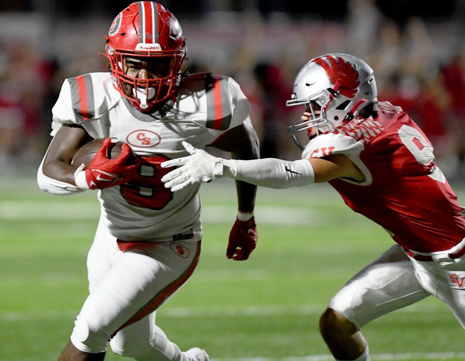 Canton South's Rome Cox scores in the 3rd quarter at Sandy Valley.  Friday, Sept. 01, 2023.