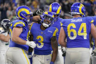 Los Angeles Rams running back Cam Akers (3) celebrates after scoring during the second half of an NFL football game against the Seattle Seahawks Sunday, Dec. 4, 2022, in Inglewood, Calif. (AP Photo/Mark J. Terrill)