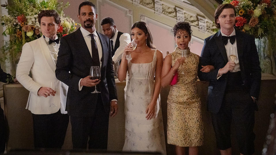 (L-R) Augustus Prew as Brannagan, Damon Wayans Jr. as Adam, Gina Rodriguez as Mack, Liza Koshy as Ashley and Joel Courtney as Little in Players.