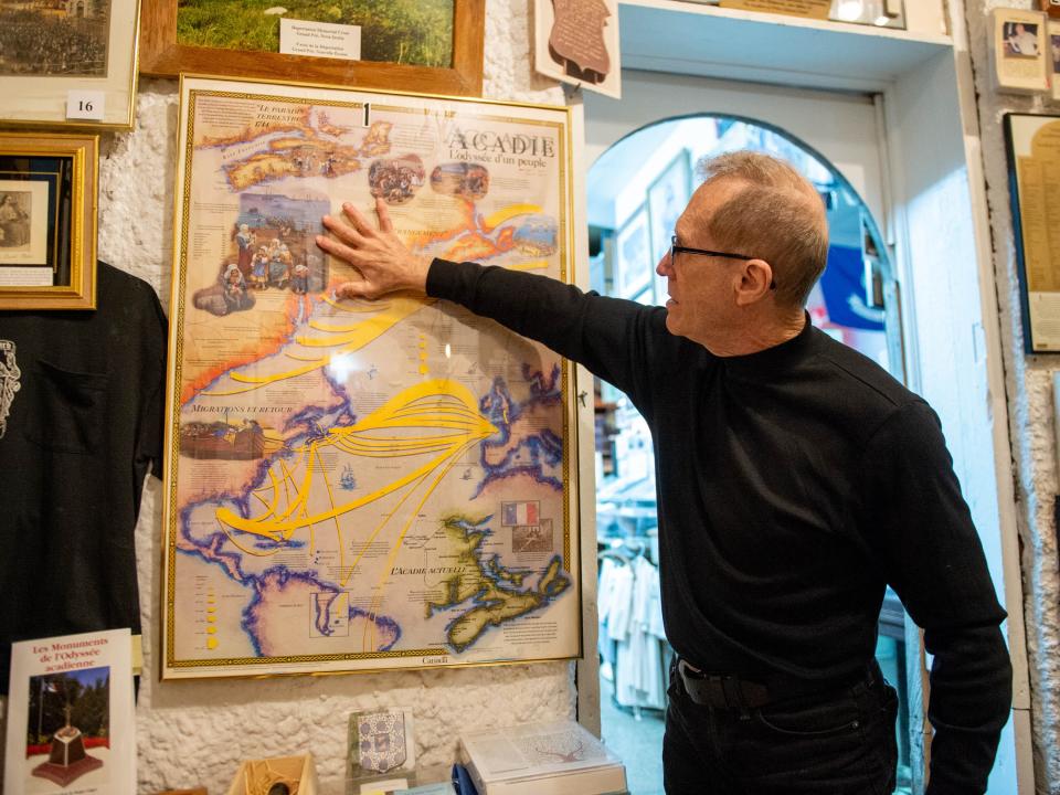 Warren Perrin, lawyer and founder of the Acadian Museum in Erath, tells the story of how the Acadian people came to the U.S. and Louisiana with help from a map in French on display at the museum. March is Le Mois de la Francophonie, a global celebration of the diversity of those who speak French.