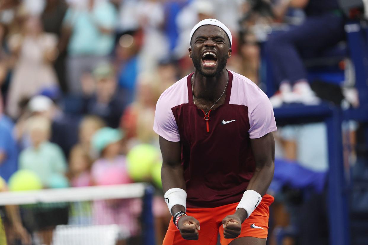 Frances Tiafoe of the United States celebrates after defeating Diego Schwartzman of Argentina during their Men's Singles Third Round match on Day 6 of the 2022 U.S. Open at USTA Billie Jean King National Tennis Center on Sept. 3, 2022, in Flushing, Queens.