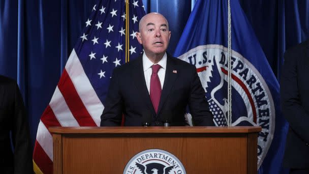 PHOTO: DHS Secretary Alejandro Mayorkas delivers remarks on 'planning and operations' ahead of the lifting of the Title 42 order, during a press briefing at U.S. Customs and Border Protection headquarters in Washington, D.C., on May 10, 2023. (Leah Millis/Reuters)