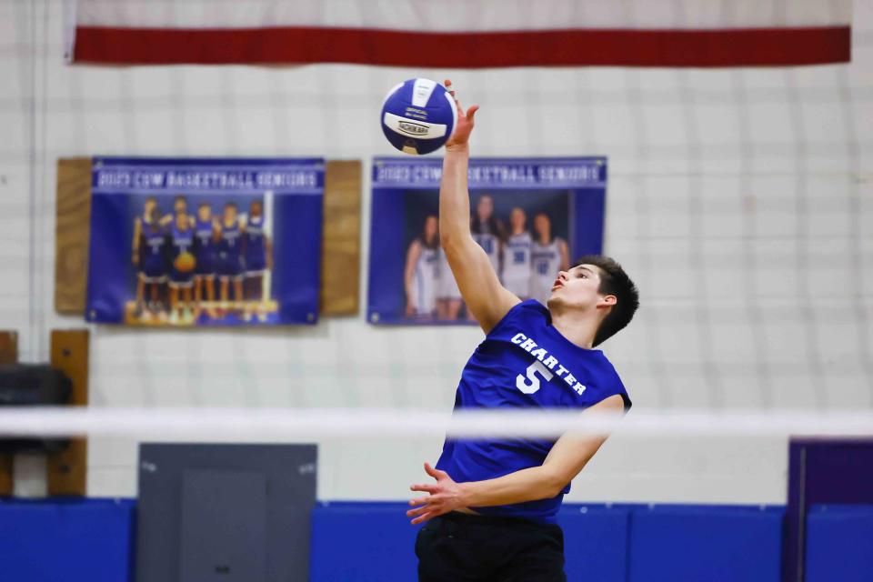 Charter School of Wilmington's KJ Shahan (5) in action during a regular season volleyball match between Charter School of Wilmington and Delaware Military Academy on Friday March 31, 2023.