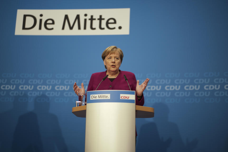 German Christian Democratic Party, CDU, chairwoman and Chancellor Angela Merkel addresses a news conference after a party's leaders meeting at the headquarters the in Berlin, Germany, Monday, Oct. 29, 2018. (AP Photo/Markus Schreiber)