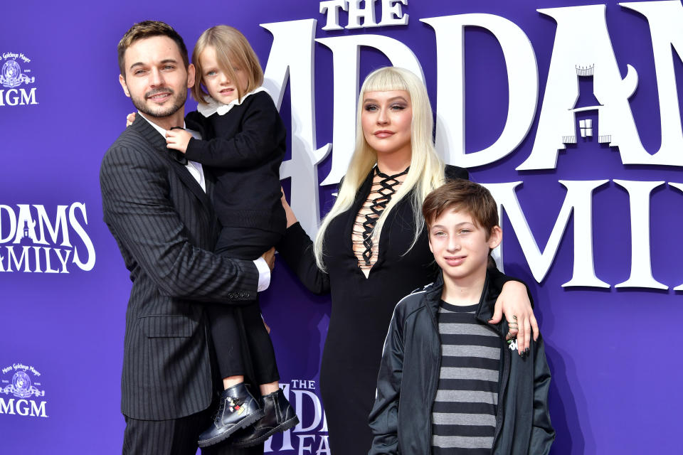 LOS ANGELES, CALIFORNIA - OCTOBER 06: (L-R) Matthew Rutler, Summer Rain Rutler, Christina Aguilera, and Max Bratman attend the Premiere of MGM's 'The Addams Family' at Westfield Century City AMC on October 06, 2019 in Los Angeles, California. (Photo by Emma McIntyre/Getty Images)