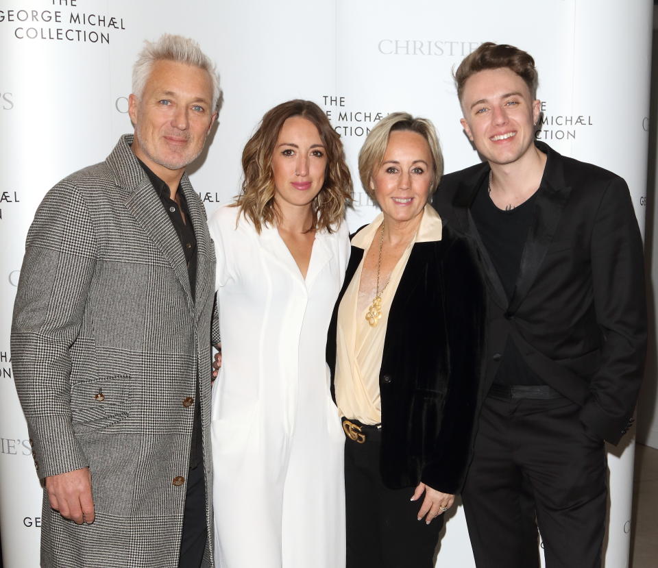 (L to R) Martin Kemp, Harleymoon Kemp, Shirlie Kemp and Roman Kemp at The George Michael Collection - VIP private view and reception at Christies, St James. (Photo by Keith Mayhew / SOPA Images/Sipa USA)