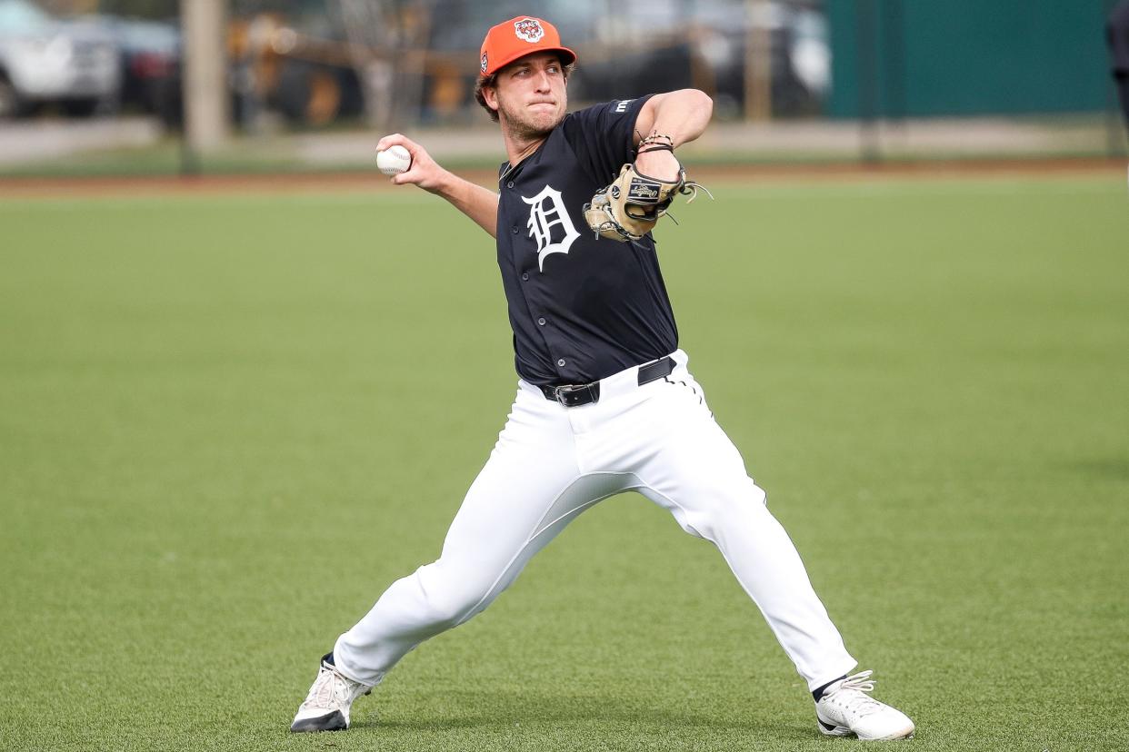 Detroit Tigers pitcher Beau Brieske practices during spring training at TigerTown in Lakeland, Fla. on Friday, Feb. 16, 2024.