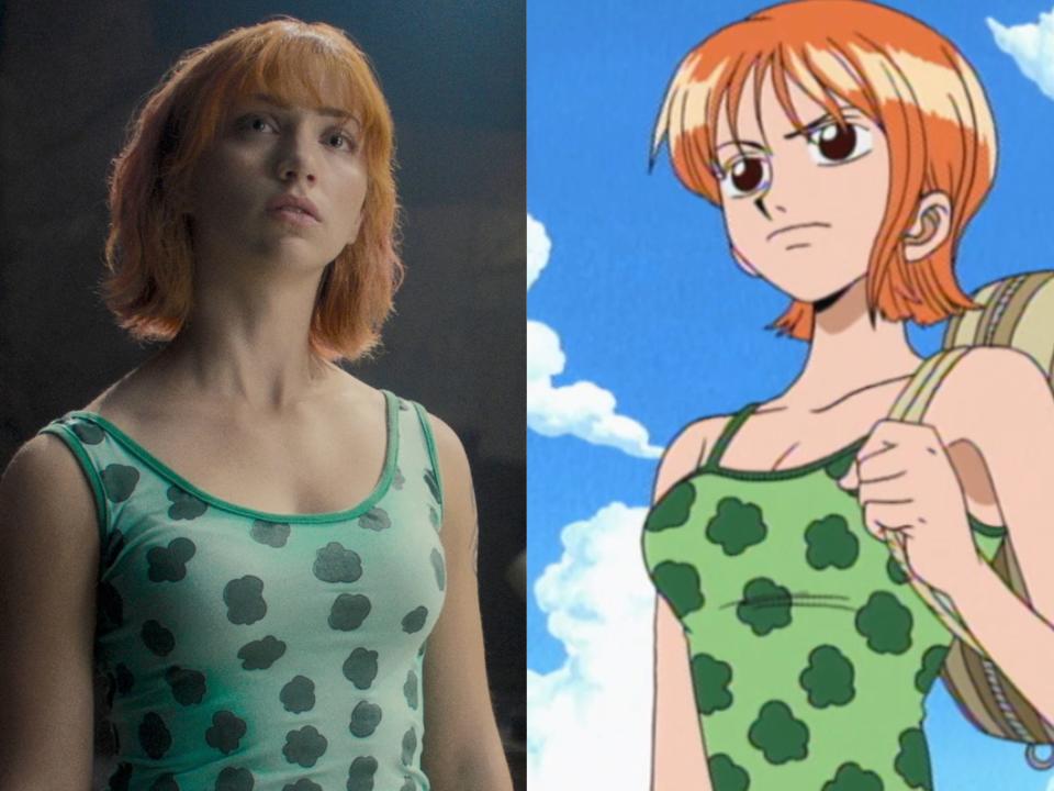 left: emily rudd as nami in one piece, looking up and wearing a green tank top; right: nami in the one piece anime, wearing the same shirt. both have short orange hair, cut into a bob