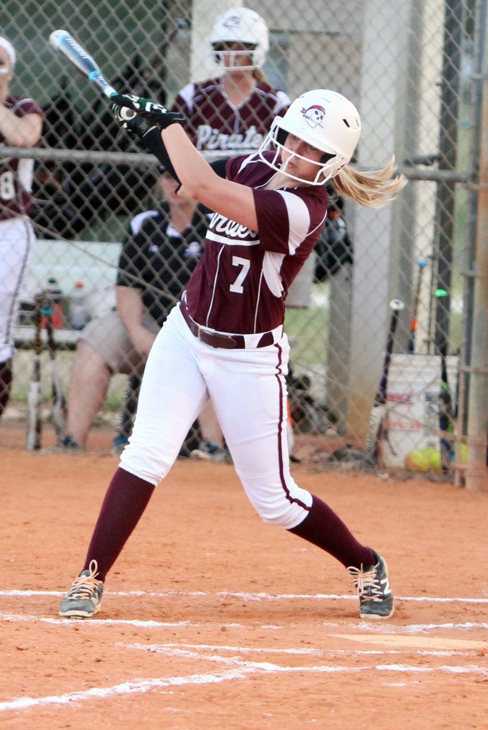 Braden River High's Bethaney Keen lashes a double against Lakewood Ranch High in a softball game March 15, 2016, at the Mustangs field.