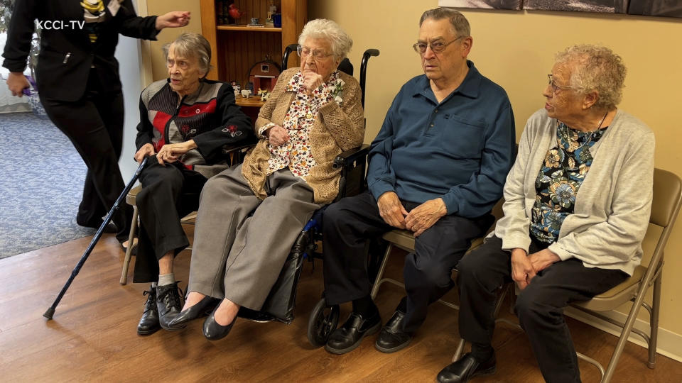 In this image taken from video, provided by KCCI 8 News in Des Moines, Iowa, Bessie Laurena Hendricks celebrates her 115th birthday in November 2022. Hendricks, an Iowa woman who was believed to be the oldest living person in the U.S., died Tuesday, Jan. 3, 2023, at the age of 115. (KCCI 8 News via AP)