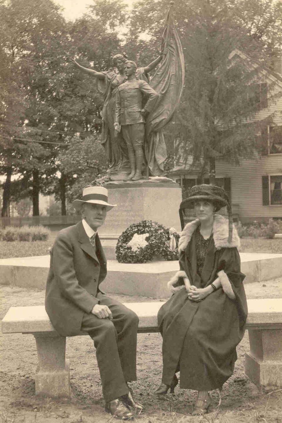 Sculptor Daniel Chester French and Alice Gale Hobson pose in front of Exeter’s war memorial statue. The highlight of 1922, the statue was dedicated on July 4th.