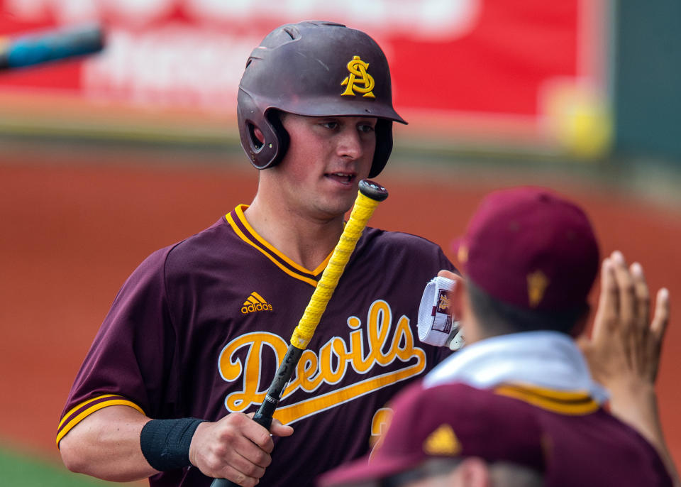 BATON ROUGE, LA - JUNE 01:  Arizona State Sun Devils infielder Spencer Torkelson (20) scores a run during a game between the Arizona State Sun Devils and the Stony Brook Sea Wolves at Alex Box Stadium in Baton Rouge, Louisiana on June 1, 2019. (Photo by John Korduner/Icon Sportswire via Getty Images)