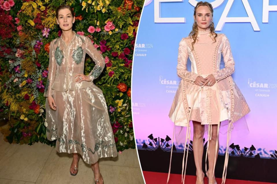 From left: In two fabulous looks from Rocha’s collection for Jean Paul Gaultier, Rosamund Pike (“Saltburn”) and Diane Kruger (“Marlowe”) shine in shimmering fabrics that showcase the designer’s incredible eye for detail. Images: Getty