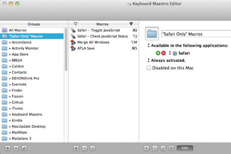 Keyboard Maestro group for Safari