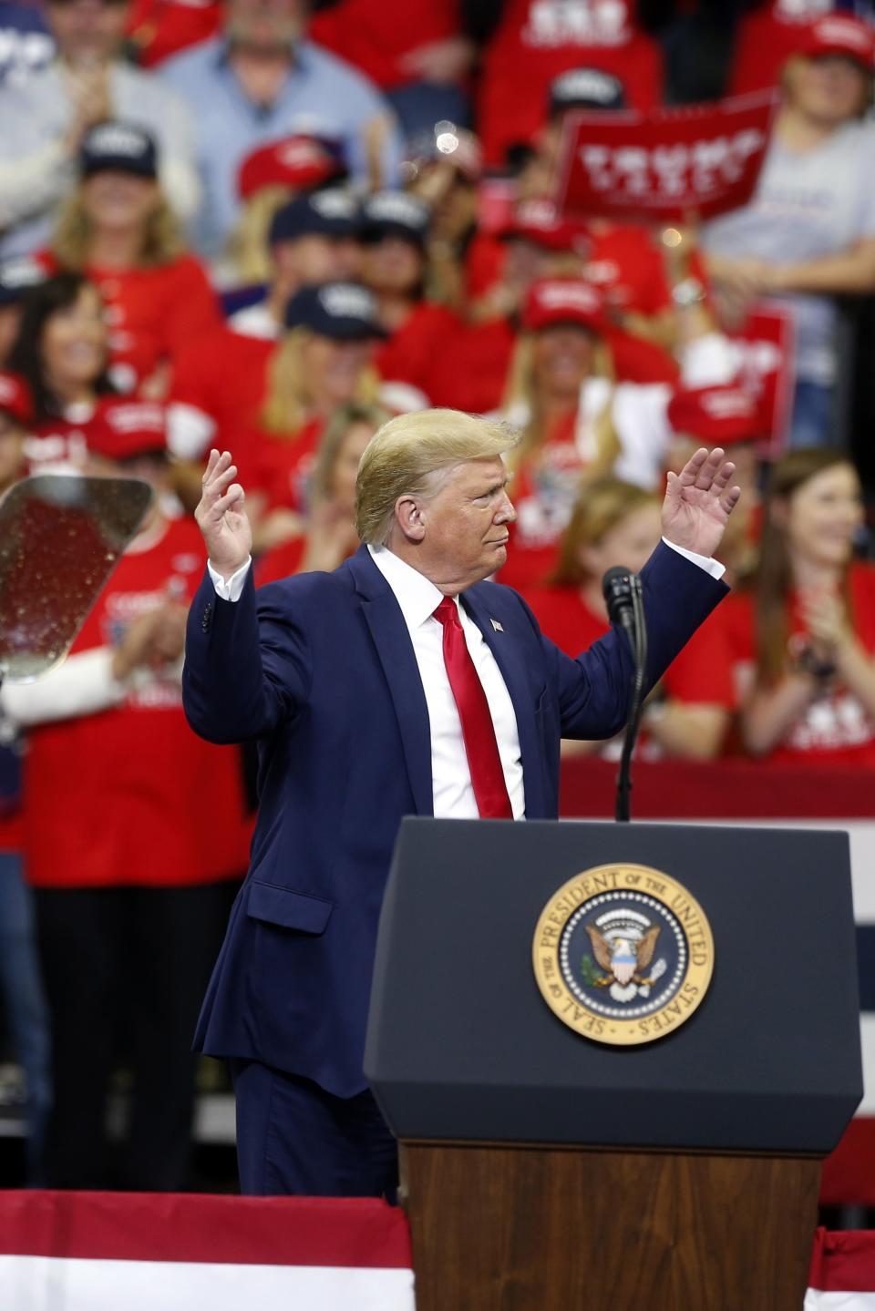 President Donald Trump speaks at a campaign rally Thursday, Oct. 10, 2019, in Minneapolis. (AP Photo/Jim Mone)