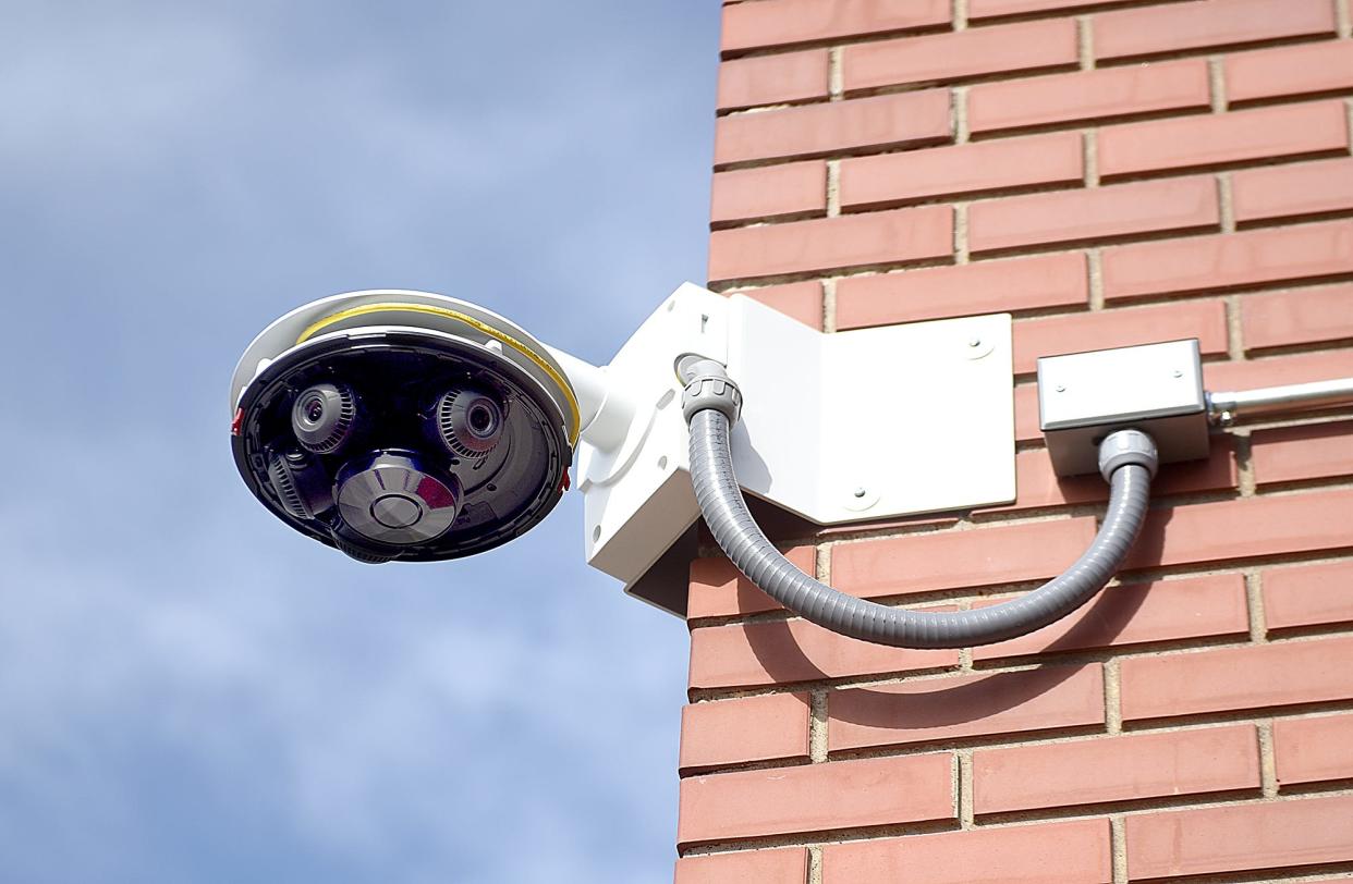 A camera installed by the City of Columbia is seen on the Fifth and Walnut municipal parking garage last year.