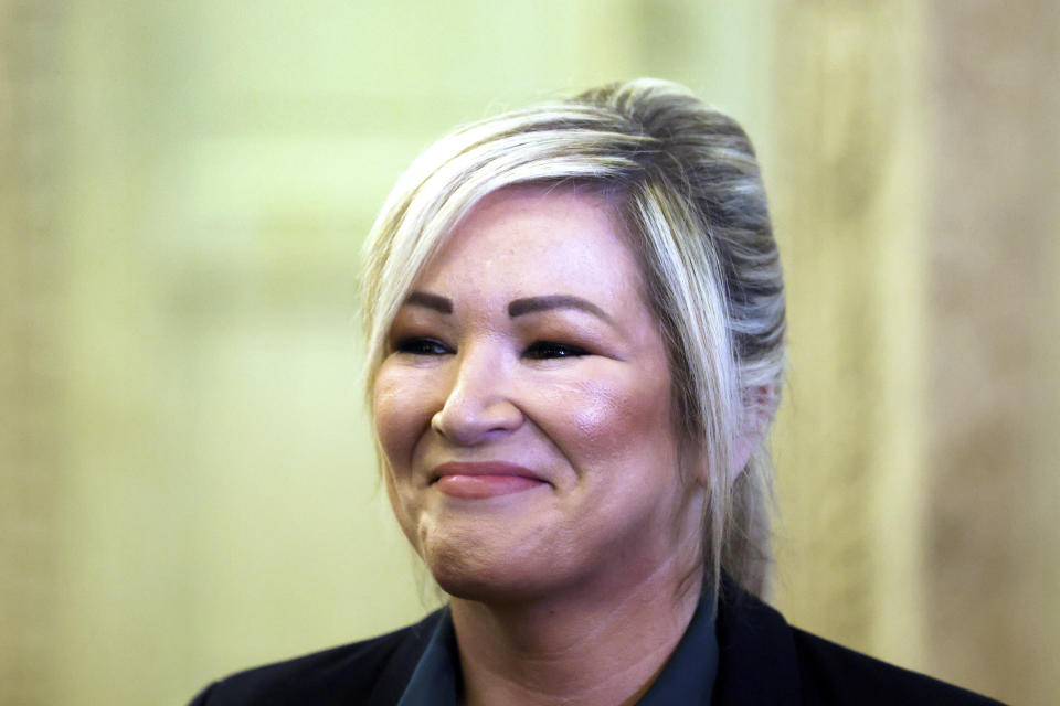 Sinn Fein's members Michelle O'Neill smiles during a press conference at parliament buildings, Stormont, Northern Ireland, Tuesday, Jan 30, 2024. Sinn Fein's Michelle O'Neill is now Northern Ireland First Minister designate and is due to be the first Nationalist to take the position in the history of the state. (AP Photo/Peter Morrison)