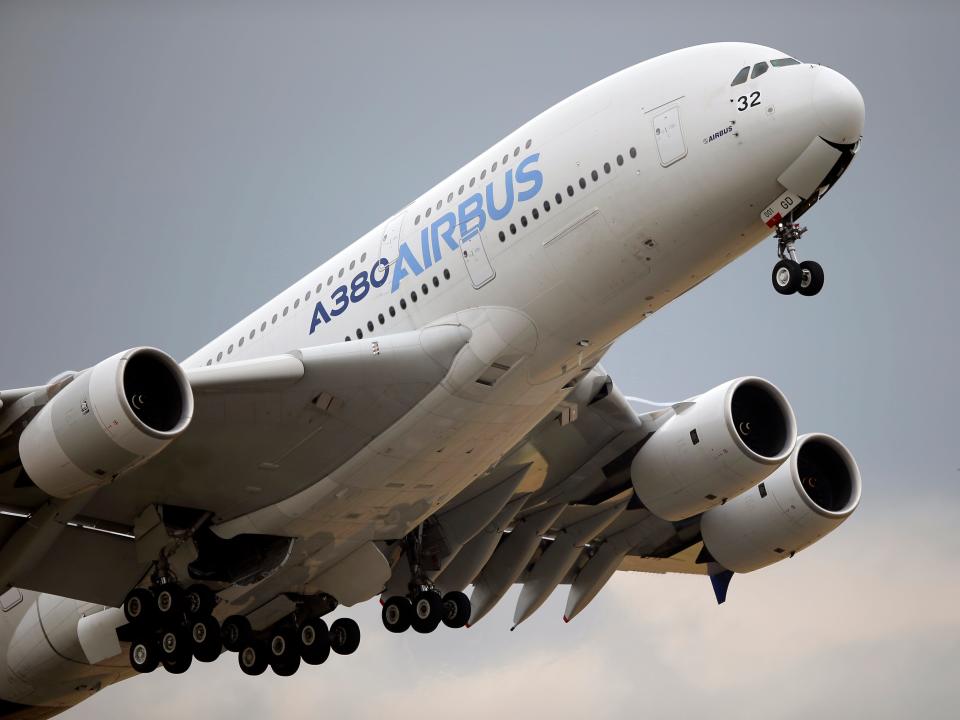 FILE - In this June 18, 2015, file photo, an Airbus A380 takes off for its demonstration flight at the Paris Air Show in Le Bourget airport, north of Paris. Commercial airliner maker Airbus is releasing 2019 earnings on Thursday, Feb. 12. (AP Photo/Francois Mori, file)