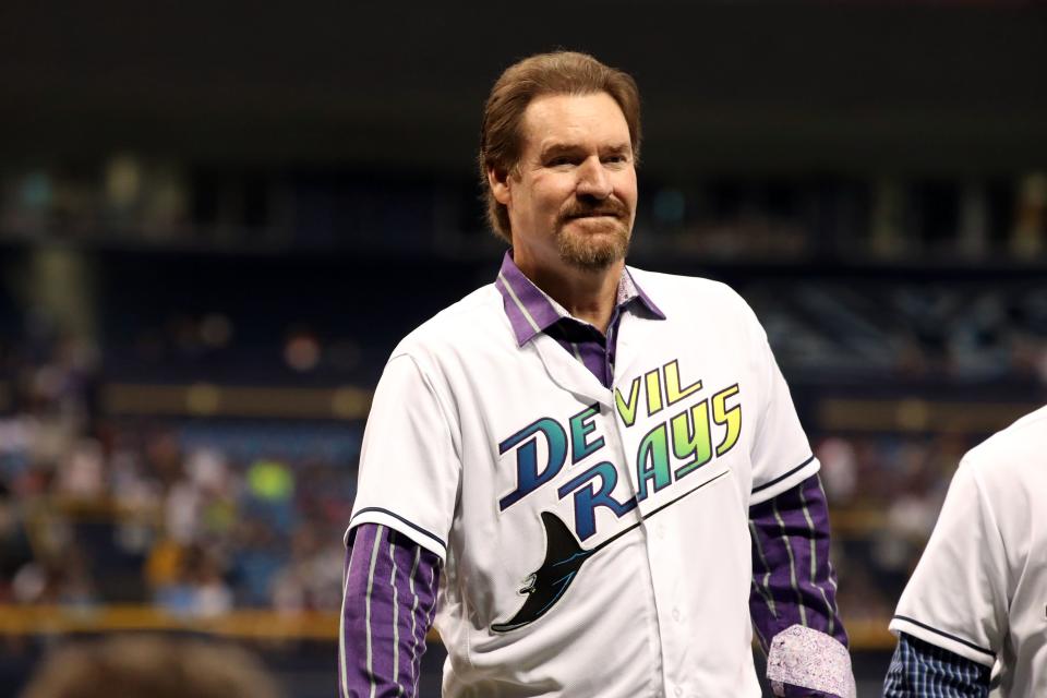 Mar 31, 2018; St. Petersburg, FL, USA; Former Tampa Bay Devil Rays player Wade Boggs and Hall of Famer honored prior to the game as he hit the first home run 20 years ago for the first every Devil Rays game against the Boston Red Sox at Tropicana Field. Mandatory Credit: Kim Klement-USA TODAY Sports
