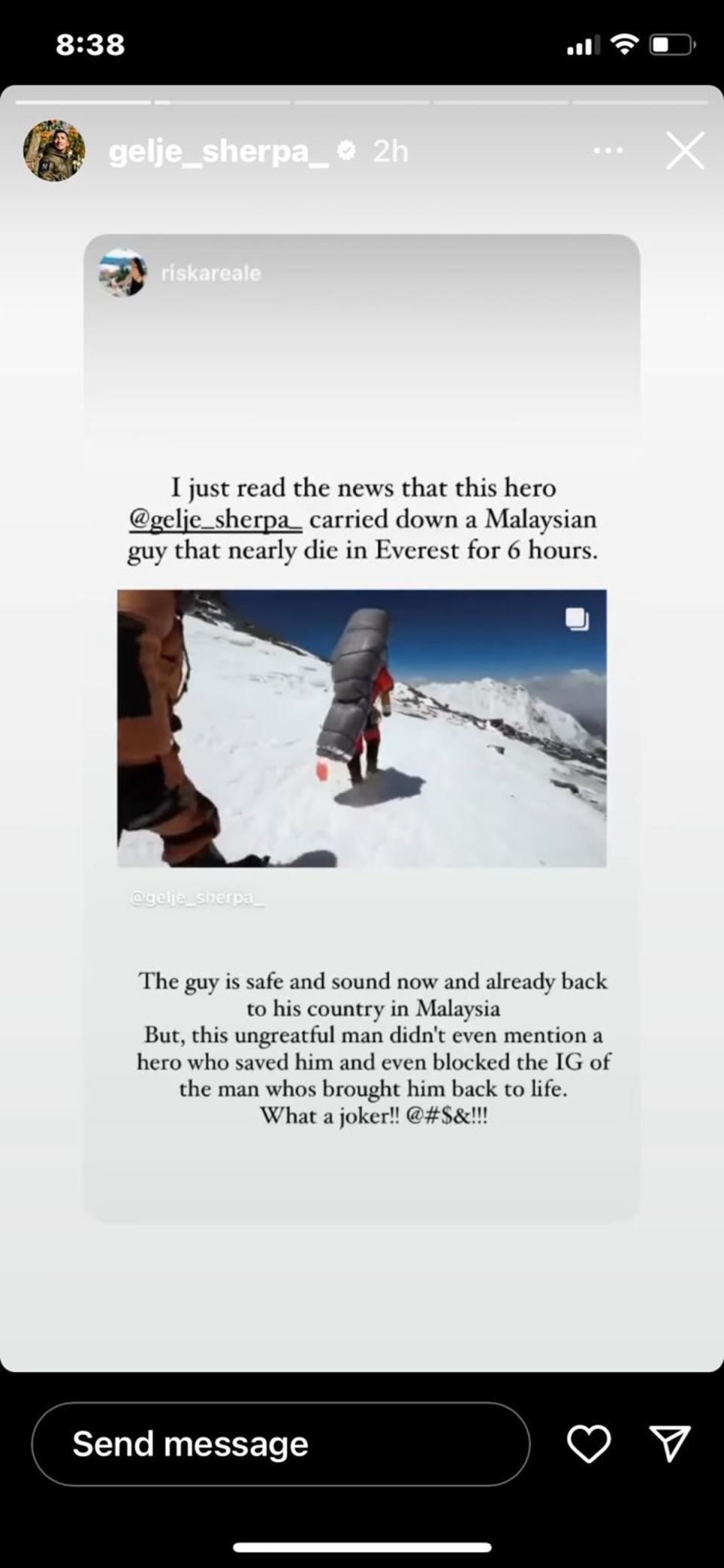 Story critical of Ravichandran, the Malaysian climber that Gelje rescued, was reshared by the sherpa (Gelje Sherpa / Instagram)