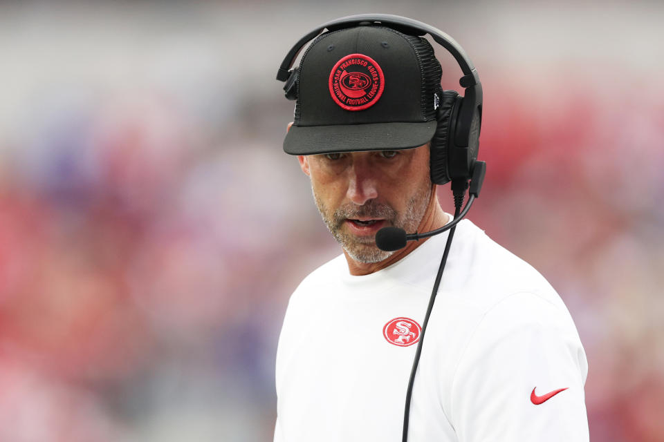 INGLEWOOD, CALIFORNIA - SEPTEMBER 17: San Francisco 49ers head coach Kyle Shanahan during the second quarter against the Los Angeles Rams at SoFi Stadium on September 17, 2023 in Inglewood, California. (Photo by Harry How/Getty Images)