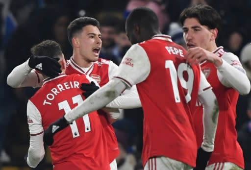 Bright future: Gabriel Martinelli (2nd left) scored his 10th Arsenal goal against Chelsea