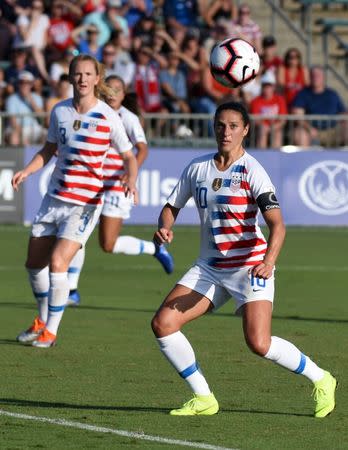 Oct 7, 2018; Cary, NC, USA; United States forward Carli Lloyd (10) prepares to head the ball toward goal during the first half of a 2018 CONCACAF Women's Championship soccer match against Panama at Sahlen's Stadium. Rob Kinnan-USA TODAY Sports