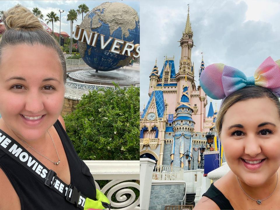 (left) woman selfie in front of universal globe (right) woman selfie in front of cinderella castle