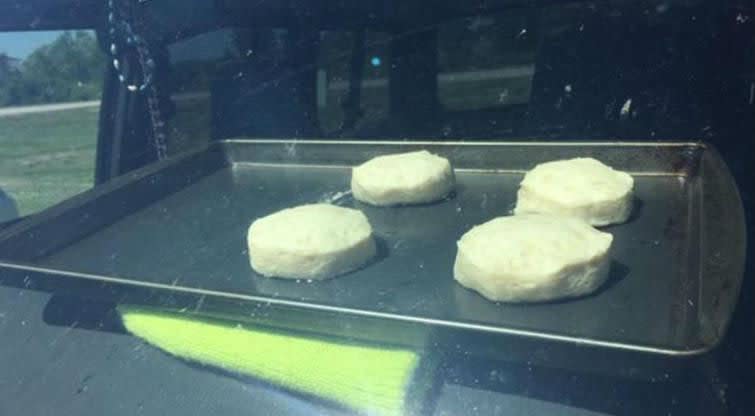 The National Weather Service has baked biscuits inside a hot car, in a safety message about the peril of leaving children or pets inside a vehicle.As a heatwave takes grip of large swathe of the US, with up to 200m people expected to be affected by a heat index of up to 115f degrees (46c), the officials performed the experiment inside a car in Nebraska to show how hot vehicles can become when left unattended. To demonstrate the dangers, the NWS staff set about baking the biscuits in the city of Omaha, using only heat from the sun.“If you are wondering if it’s going to be hot today, we are attempting to bake biscuits using only the sun and a car in our parking lot,” NWS Omaha said on Twitter. “We will keep you posted with the progress.”CNN said four biscuits were placed on a baking sheet on the dashboard of a car and left to sit in the sun. After 60 minutes, the pan had reached 175.2f (80c) and the tops of the biscuits reached 153f. The back seat registered 120.4f in the shade.It said, four hours later, the tops of the biscuits were nearly finished baking, but the bottoms remained doughy.The car had to be turned around to adjust for the changing angle of the sun.> Biscuits are starting to get a slightly golden tinge to them. pic.twitter.com/ptL24RHQfs> > — NWS Omaha (@NWSOmaha) > > July 18, 2019The experiment was carried out to warn people about the dangers of leaving children or pets inside vehicles, even for for a short period of time. US summers frequently come with stories of tragic deaths as a result of a toddler or baby being left in a car.CBS News said six people had died in connection with the heat – four people in Maryland, one in Arizona, and another in Arkansas.Several events were cancelled in New York City, including OZY Fest and the NYC Triathlon.The NWS said the east coast and midwest are likely to see temperatures in the upper 90s, combined with high humidity. Experts are urging people to limit their time outside and drink lots of water. Cities in Vermont and New Hampshire are opening shelters where people can cool off. Some power outages have been reported in Philadelphia and after storms in Michigan’s Lower Peninsula. Police in Braintree, Massachusetts, asked residents “to hold off” all criminal activity until the extreme heat is over.“Folks. Due to the extreme heat, we are asking anyone thinking of doing criminal activity to hold off until Monday,” the department wrote on Facebook. “It is straight up hot as soccer balls out there. Conducting criminal activity, in this extreme heat is next level henchmen status, and also very dangerous.”Additional reporting by Associated Press