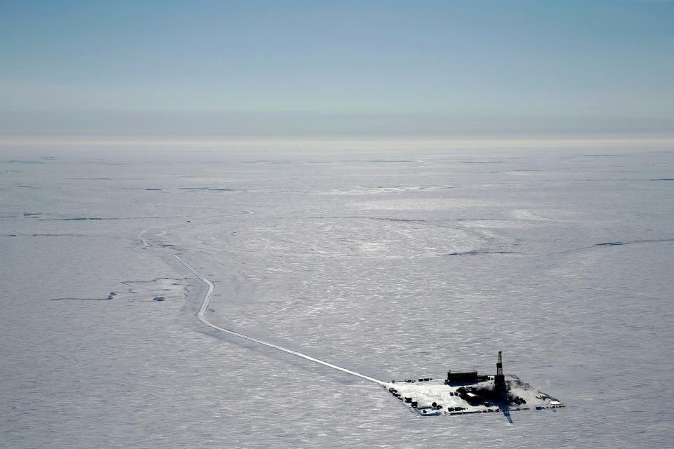 This 2019 aerial photo provided by ConocoPhillips shows an exploratory drilling camp at the proposed site of the Willow oil project on Alaska's North Slope.