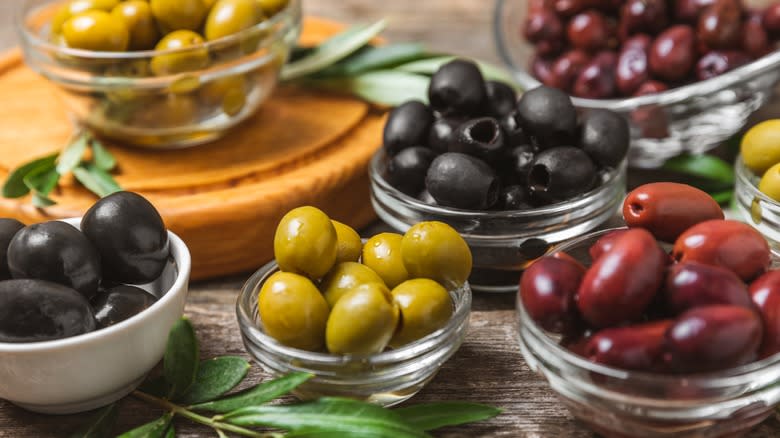 various olives in bowls