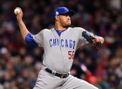 Oct 25, 2016; Cleveland, OH, USA; Chicago Cubs relief pitcher Hector Rondon throws against the Cleveland Indians in the 8th inning in game one of the 2016 World Series at Progressive Field. Mandatory Credit: Ken Blaze-USA TODAY Sports