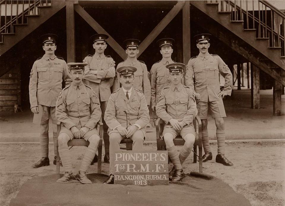 British soldiers pose in Rangoon, Burma, in 1913. Today, Rangoon goes by Yangon, and Burma is called Myanmar. <a href="https://www.gettyimages.com/detail/news-photo/the-pioneers-of-the-1st-royal-munster-fusiliers-rangoon-news-photo/520681821?phrase=burma%20british&adppopup=true" rel="nofollow noopener" target="_blank" data-ylk="slk:Hulton Archive/Getty Images;elm:context_link;itc:0;sec:content-canvas" class="link ">Hulton Archive/Getty Images</a>