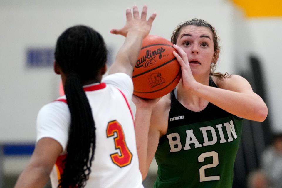 Badin guard Braelyn Even (2) rises for a shot in the Division II girls regional final game against the Purcell Marian Friday at Springfield High School.
