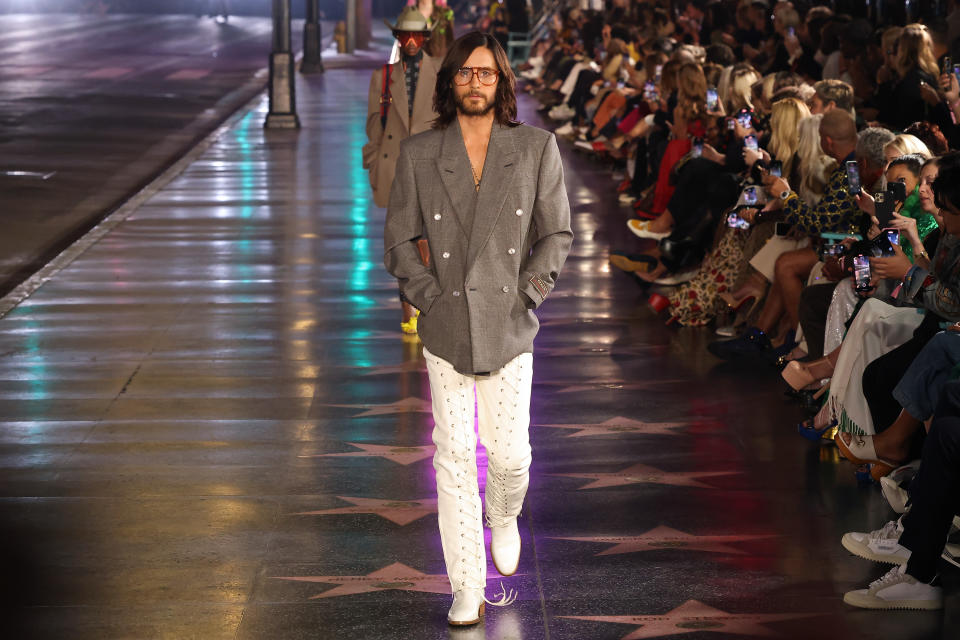 HOLLYWOOD, CALIFORNIA - NOVEMBER 02: Jared Leto walks the runway at the 2021 Gucci Love Parade down Hollywood Boulevard on November 02, 2021 in Hollywood, California. (Photo by Taylor Hill/WireImage)