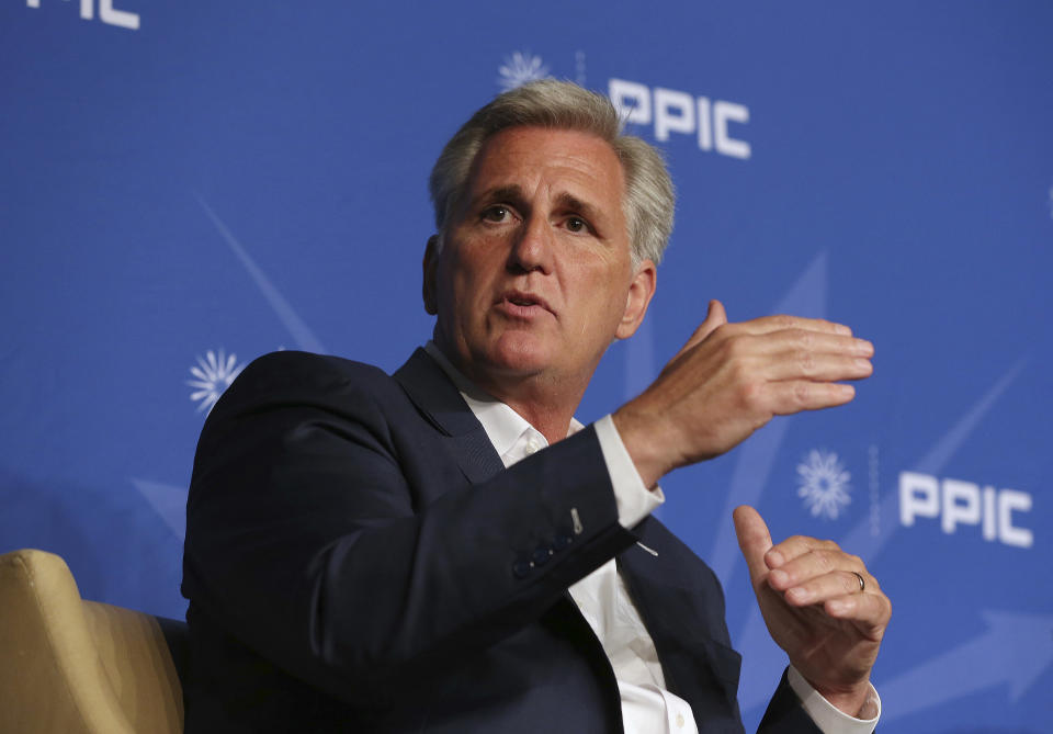 FILE - In this Aug. 15, 2018 file photo, Rep. Kevin McCarthy, R-Calif., answers a question during his appearance with the Public Policy Institute of California, in Sacramento, Calif. Republicans lost their majority in this week's midterm elections, and conservatives are blaming the GOP establishment and angling for changes. McCarthy burned up the phone lines Thursday, Nov. 8, 2018, shoring up his support. (AP Photo/Rich Pedroncelli, File)