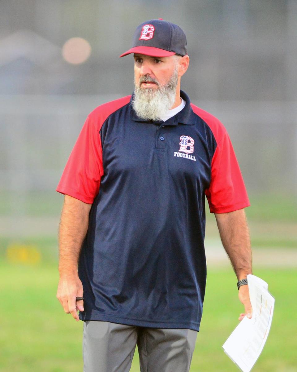 Beyer Head Coach Mike Young looks toward the field during a game between Ceres and Beyer at Ceres High School in Ceres California on September 22, 2023.