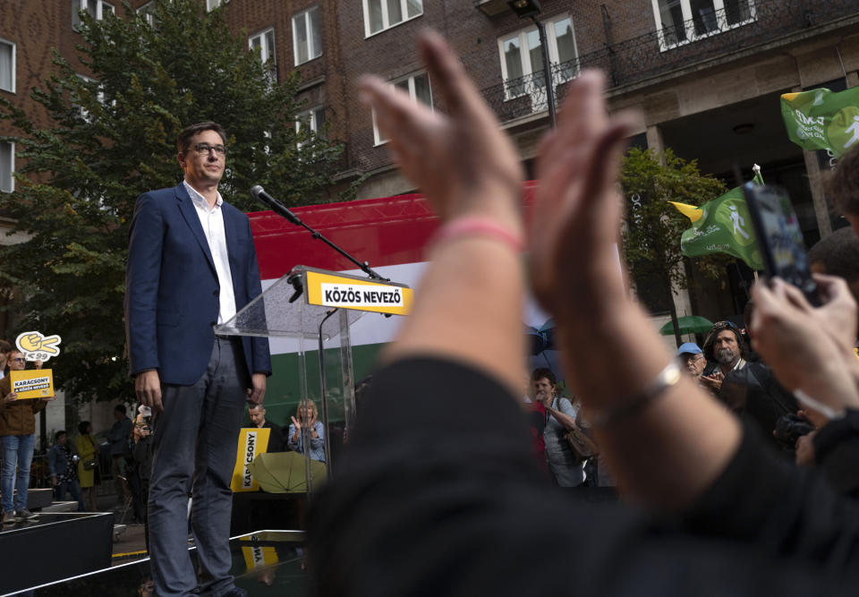 Budapest mayor Gergely Karacsony, one of the frontrunners in a race to unseat Hungary's Prime Minister Viktor Orban holding a campaign event in Budapestt, Hungary on Sept. 17, 2021. The rally marked the start of a primary election that will choose a joint opposition candidate to face off with Hungary's hardline leader in polls next year. (AP Photo/Bela Szandelszky)