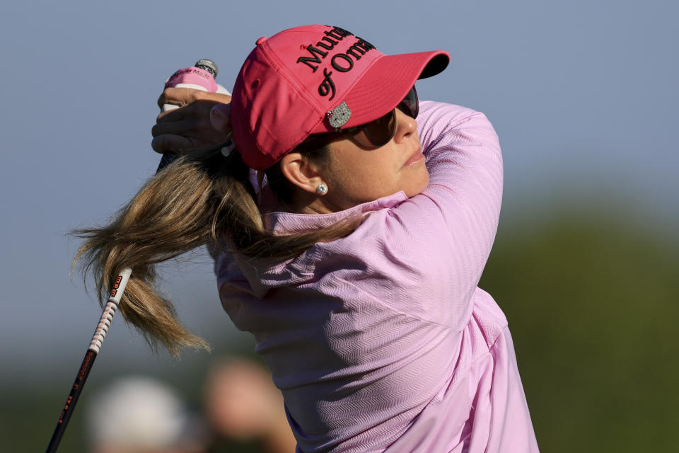 Paula Creamer drives from the 12th tee during the first round of the LPGA Tour Kroger Queen City Championship golf tournament in Cincinnati, Thursday, Sept. 8, 2022. (AP Photo/Aaron Doster)