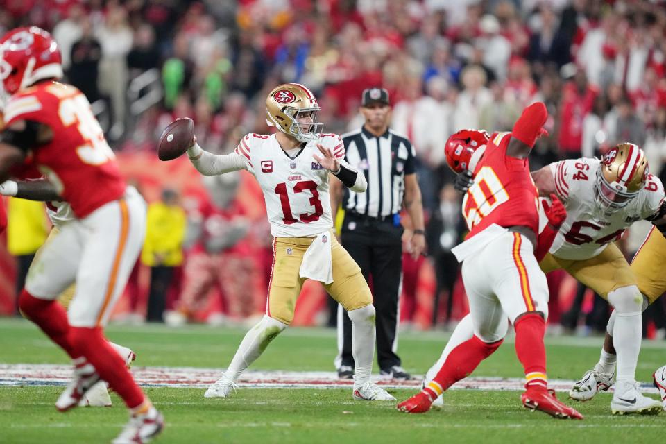 Feb 11, 2024; Paradise, Nevada, USA; San Francisco 49ers quarterback Brock Purdy (13) passes the ball against the Kansas City Chiefs during the fourth quarter of Super Bowl LVIII at Allegiant Stadium. Mandatory Credit: Kirby Lee-USA TODAY Sports