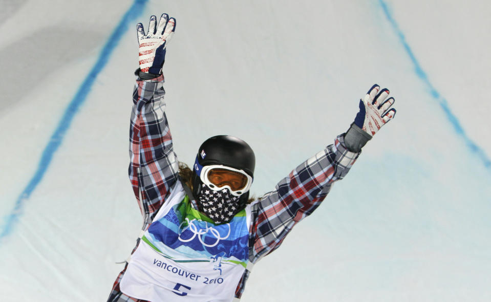 FILE - Olympic champion Shaun White of the United States reacts following the men's snowboard halfpipe competition at the Vancouver 2010 Olympics in Vancouver, British Columbia, Feb. 17, 2010. The Beijing Olympics will be the fifth Olympics for the three-time gold medalist. And the last Olympics for the 35-year-old — get this — elder-statesman who is now more than double the age of some of the riders he goes against. (AP Photo/Gerry Broome, File)