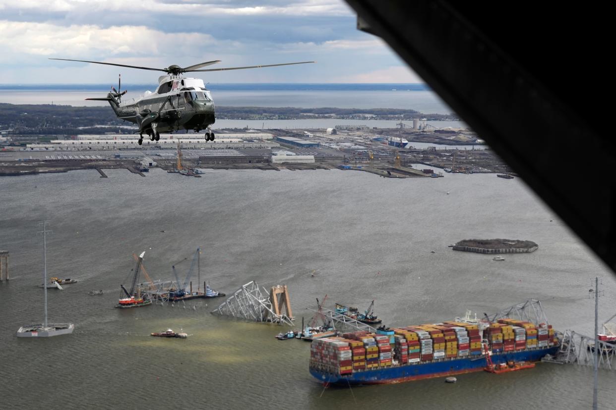 President Joe Biden, aboard Marine One, takes an aerial tour of the collapsed Francis Scott Key Bridge in Baltimore, Friday, April 5, 2024, as seen from an accompanying aircraft. (AP)