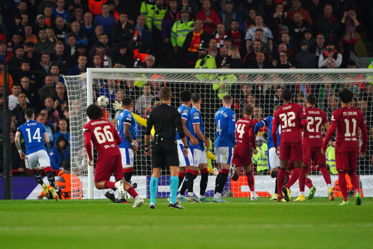 Liverpool’s Trent Alexander-Arnold, second left, opened the scoring against Rangers with a brilliant free-kick (Peter Byrne/PA) (PA Wire)