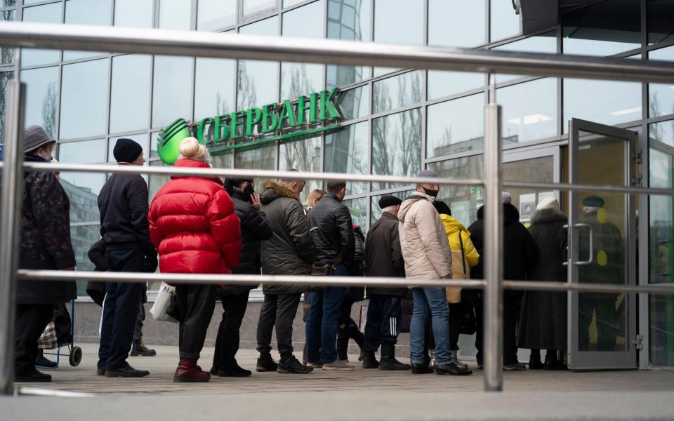 Sberbank hackers Moscow Russia bank sanctions Ukraine war - AP Photo