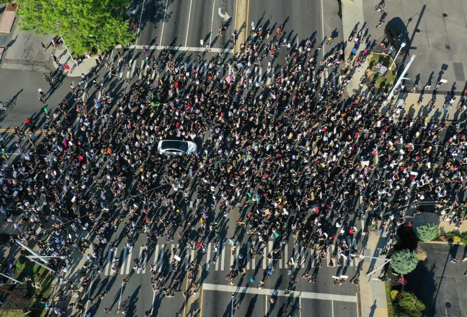 An aerial view of protesters marching in New York on 4 June.