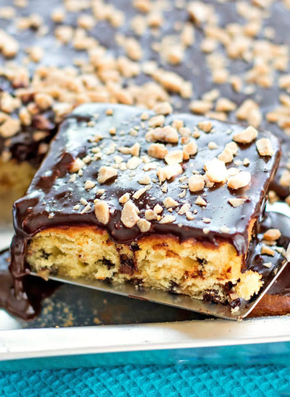 <p>Melissa's Southern Style Kitchen</p><p>This buttery, ultra-chocolatey cake is filled with toffee bits and mini chocolate chips that are mixed into the batter. After baking it’s topped with a fudge-like chocolate ganache and sprinkled with more toffee bits. It’s a single layer cake that’s a true crowd pleaser with plenty to go around for everyone to enjoy.</p><p><strong>Get the recipe: </strong><a href="https://www.melissassouthernstylekitchen.com/sheet-pan-chocolate-toffee-butter-cake-with-fudge-frosting/" rel="nofollow noopener" target="_blank" data-ylk="slk:Chocolate Toffee Butter Cake with Fudge Frosting;elm:context_link;itc:0;sec:content-canvas" class="link rapid-noclick-resp"><strong>Chocolate Toffee Butter Cake with Fudge Frosting</strong></a></p>